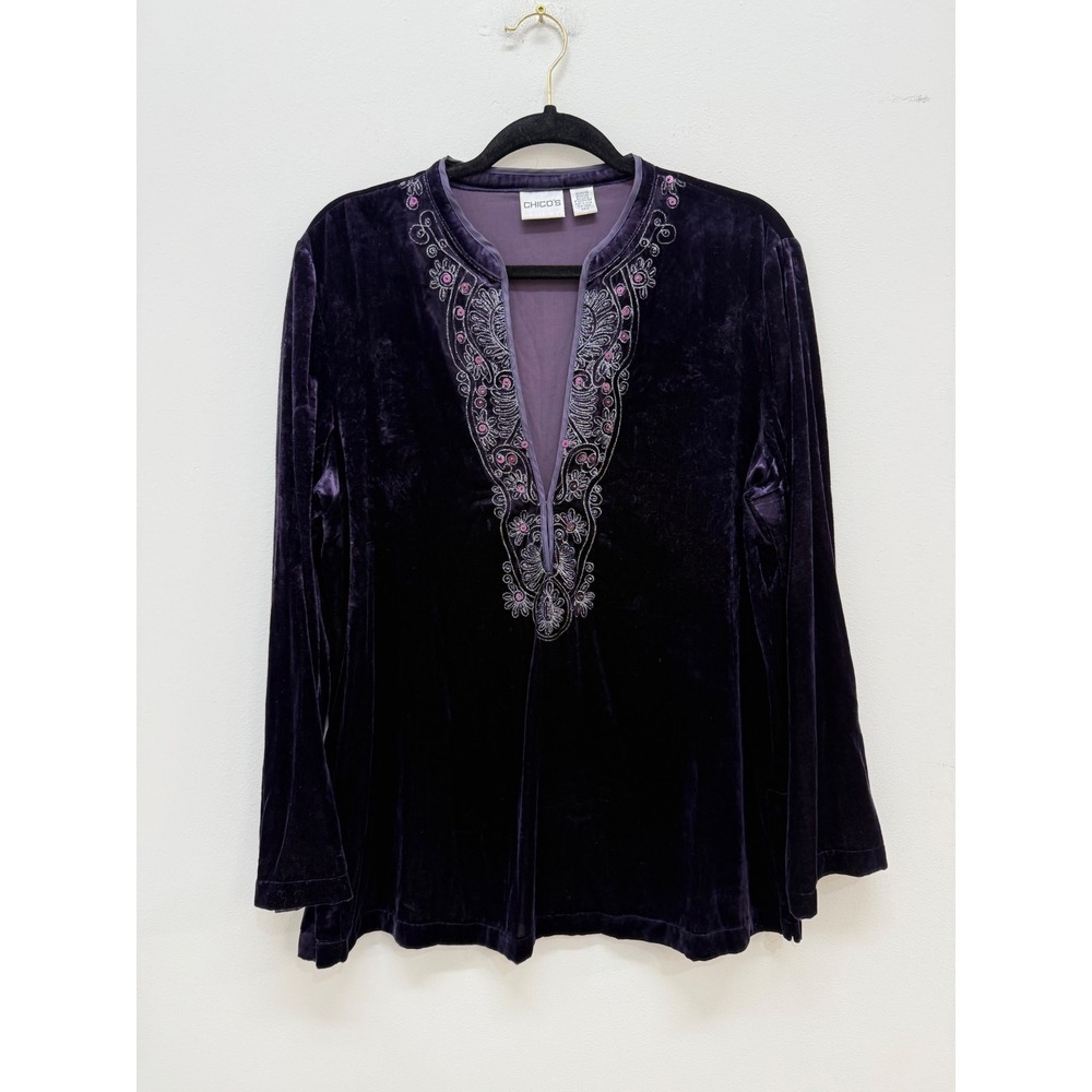 Chico's Velvet Tunic Top Size 2/L Purple Embroidered Deep V Neck Long Sleeve - Picture 2 of 11
